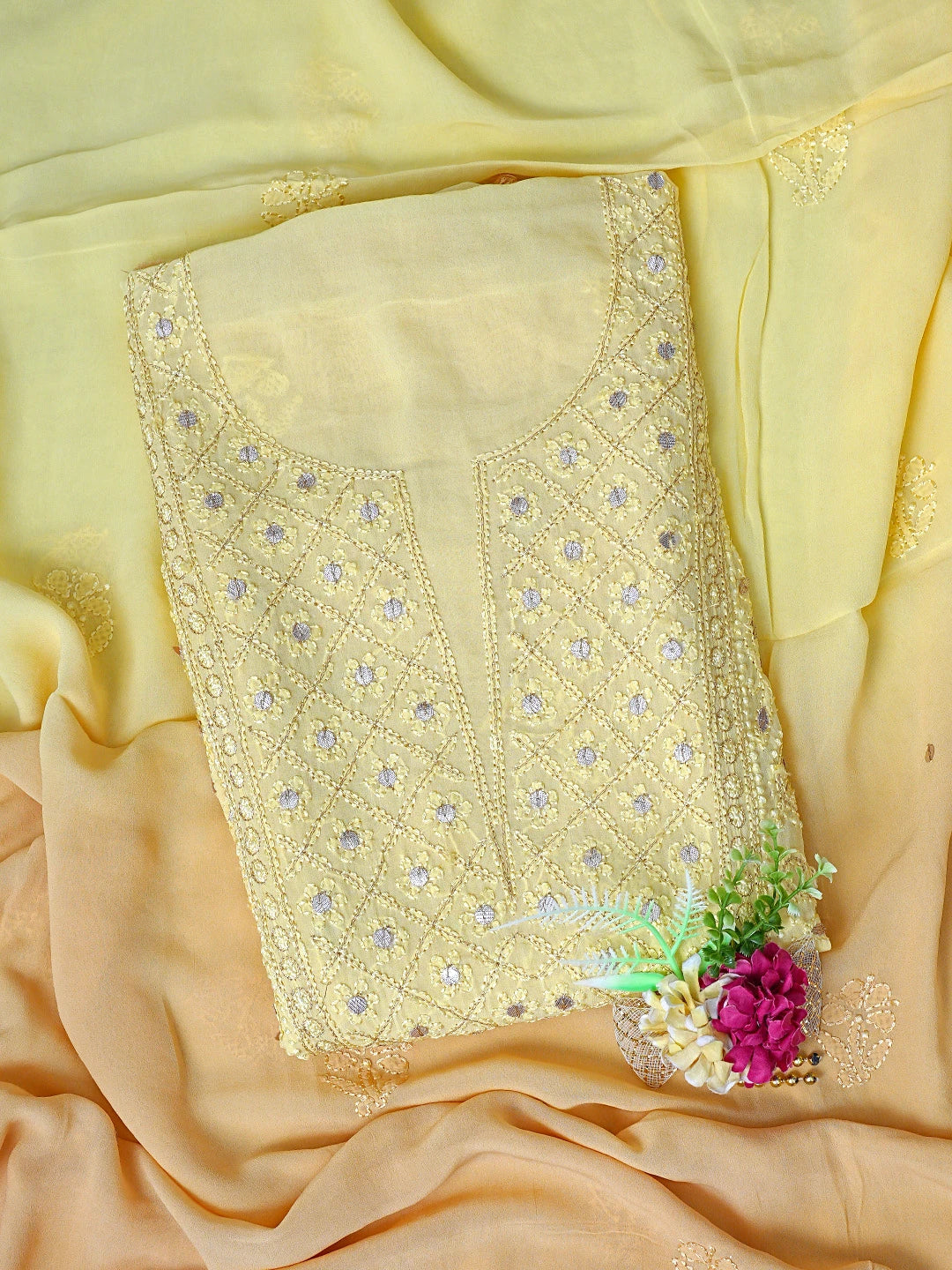 Ada Hand Embroidered Ombre Shade Of Naples Yellow &  Gold (Metallic) Viscose Georgette Lucknowi Chikankari Unstitched Kurta Dupatta Set With Gota Patti Work 01A809597