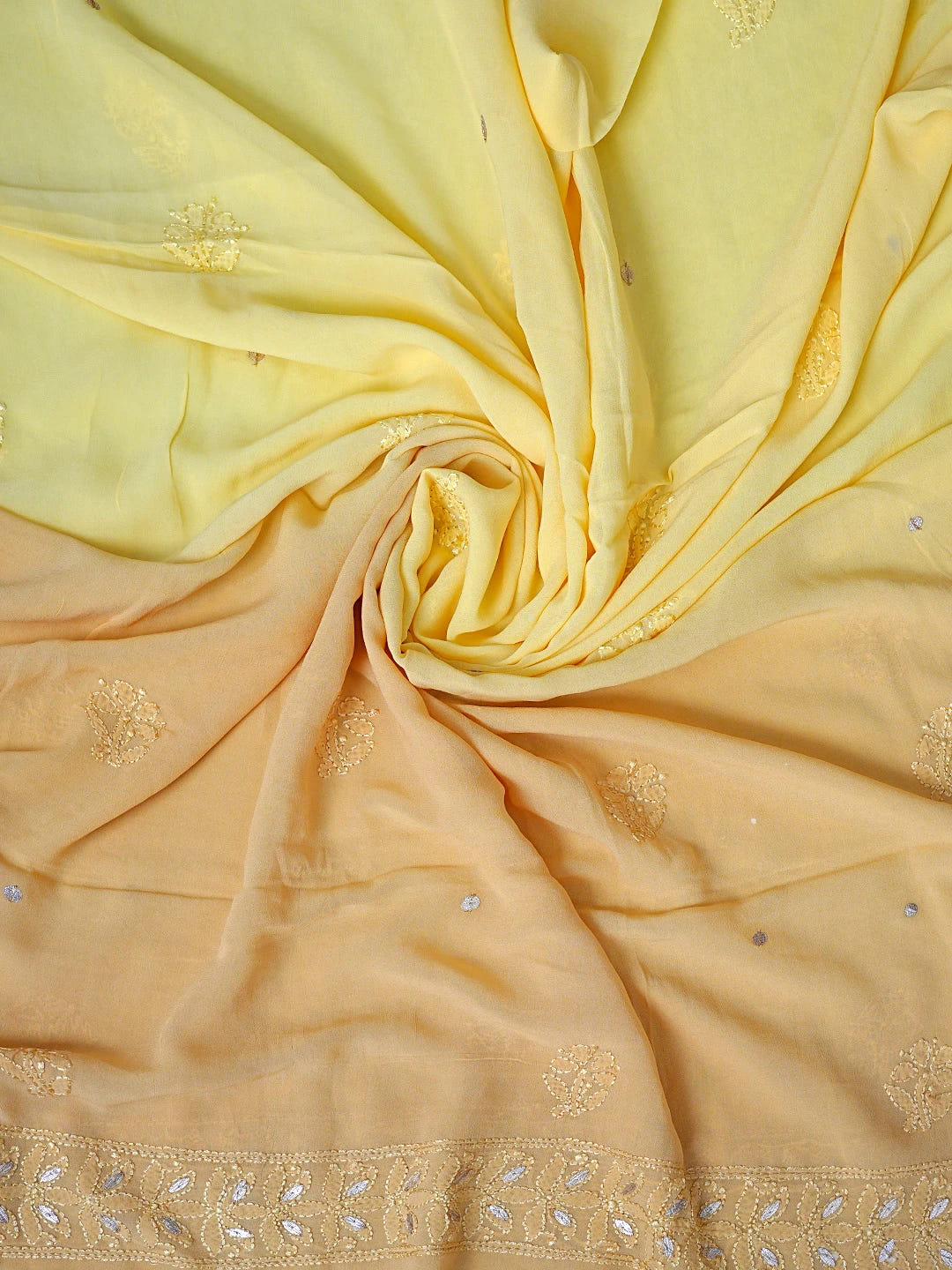 Ada Hand Embroidered Ombre Shade Of Naples Yellow &  Gold (Metallic) Viscose Georgette Lucknowi Chikankari Unstitched Kurta Dupatta Set With Gota Patti Work 01A809597