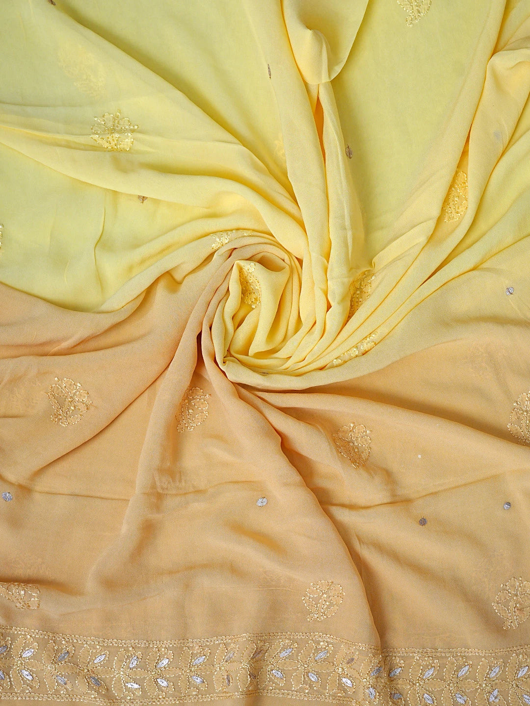 Ada Hand Embroidered Ombre Shade Of Naples Yellow &  Gold (Metallic) Viscose Georgette Lucknowi Chikankari Unstitched Kurta Dupatta Set With Gota Patti Work 01A809597