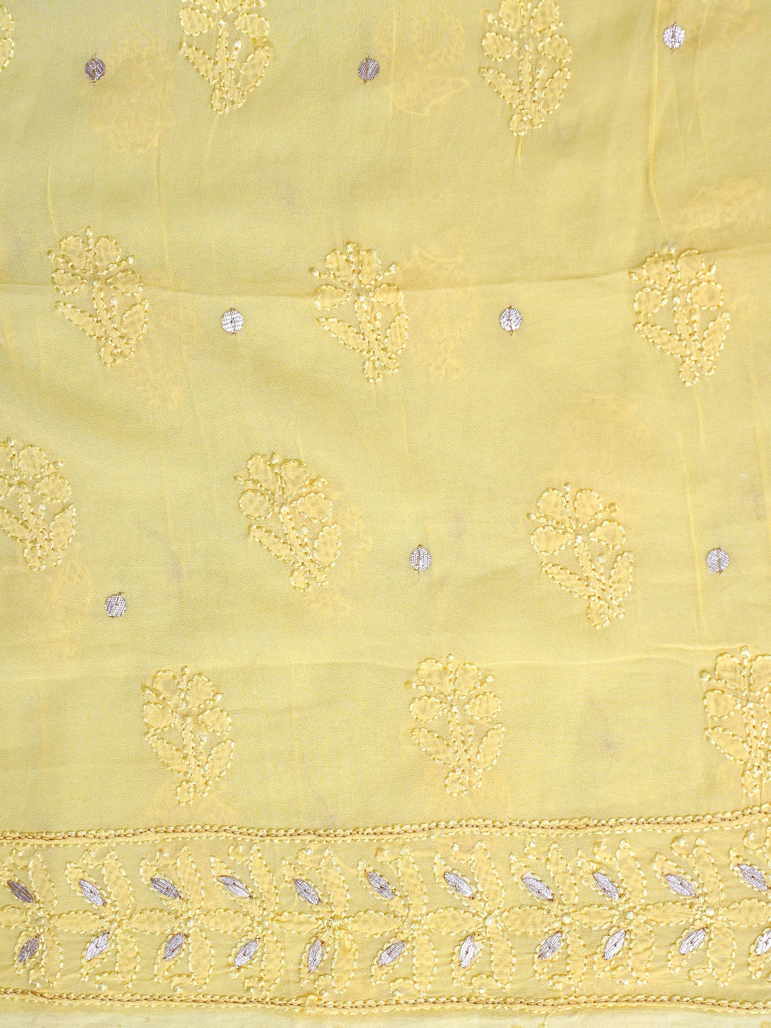 Ada Hand Embroidered Ombre Shade Of Naples Yellow &  Gold (Metallic) Viscose Georgette Lucknowi Chikankari Unstitched Kurta Dupatta Set With Gota Patti Work 01A809597
