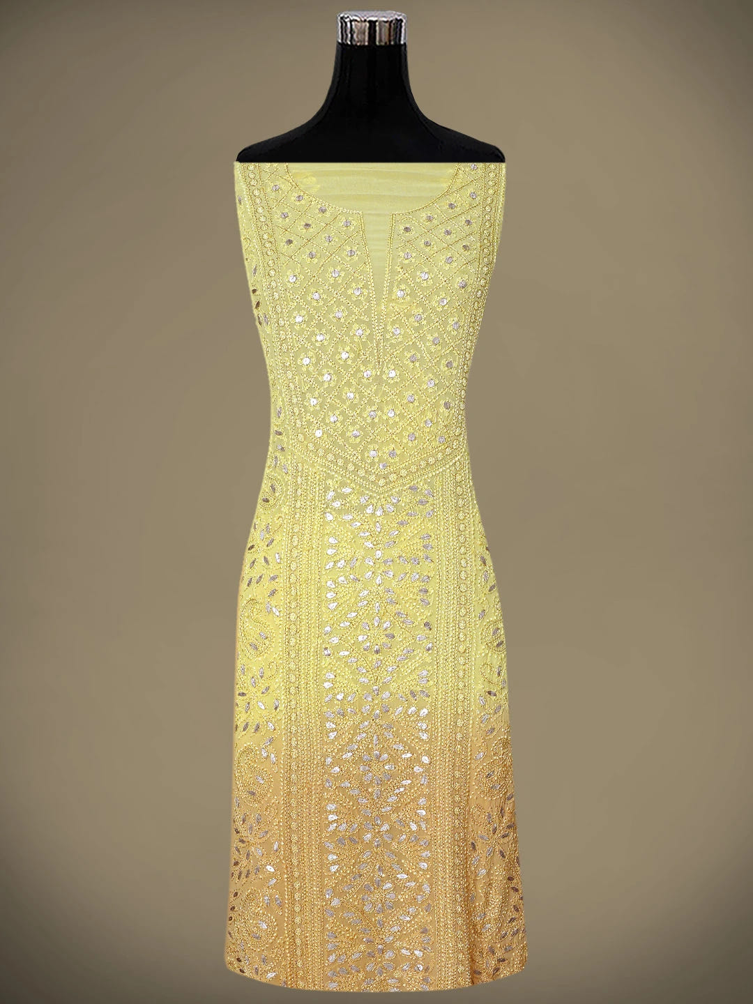 Ada Hand Embroidered Ombre Shade Of Naples Yellow &  Gold (Metallic) Viscose Georgette Lucknowi Chikankari Unstitched Kurta Dupatta Set With Gota Patti Work 01A809597