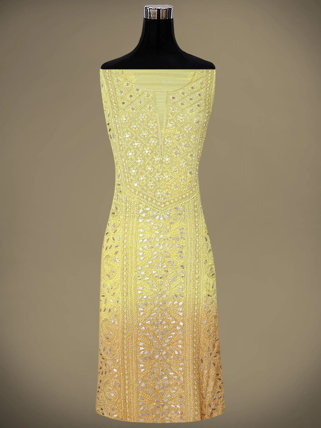 Ada Hand Embroidered Ombre Shade Of Naples Yellow &  Gold (Metallic) Viscose Georgette Lucknowi Chikankari Unstitched Kurta Dupatta Set With Gota Patti Work 01A809597