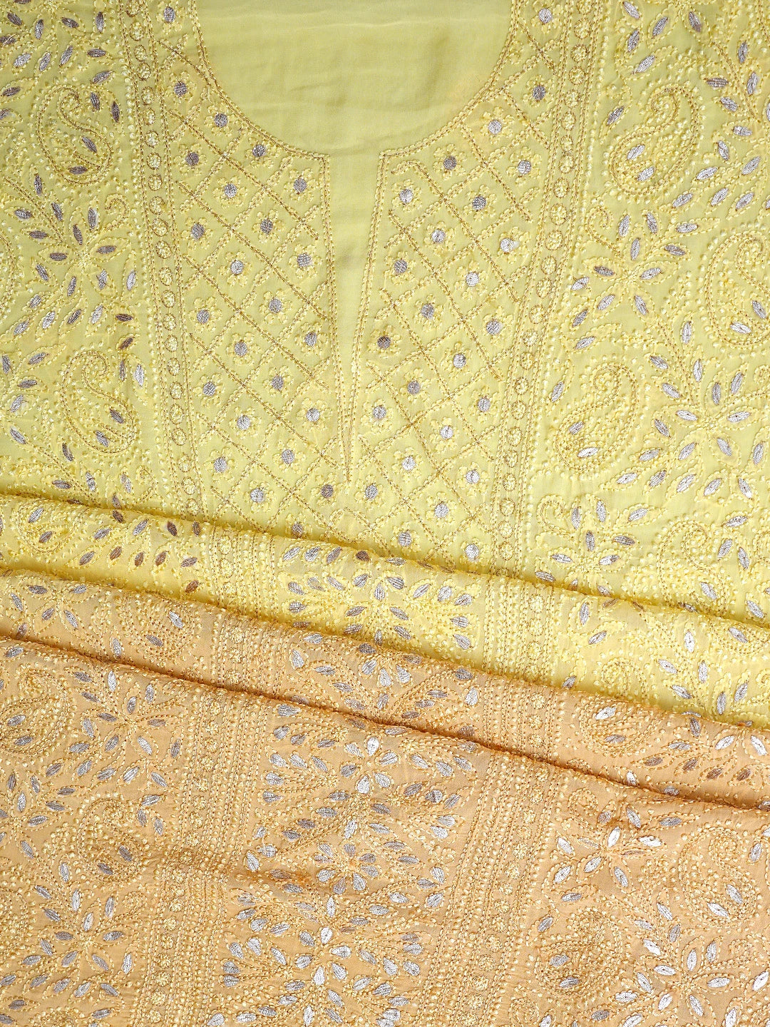 Ada Hand Embroidered Ombre Shade Of Naples Yellow &  Gold (Metallic) Viscose Georgette Lucknowi Chikankari Unstitched Kurta Dupatta Set With Gota Patti Work 01A809597