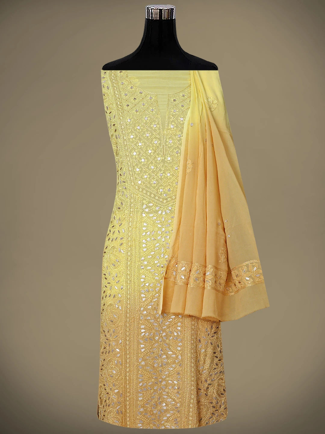 Ada Hand Embroidered Ombre Shade Of Naples Yellow &  Gold (Metallic) Viscose Georgette Lucknowi Chikankari Unstitched Kurta Dupatta Set With Gota Patti Work 01A809597