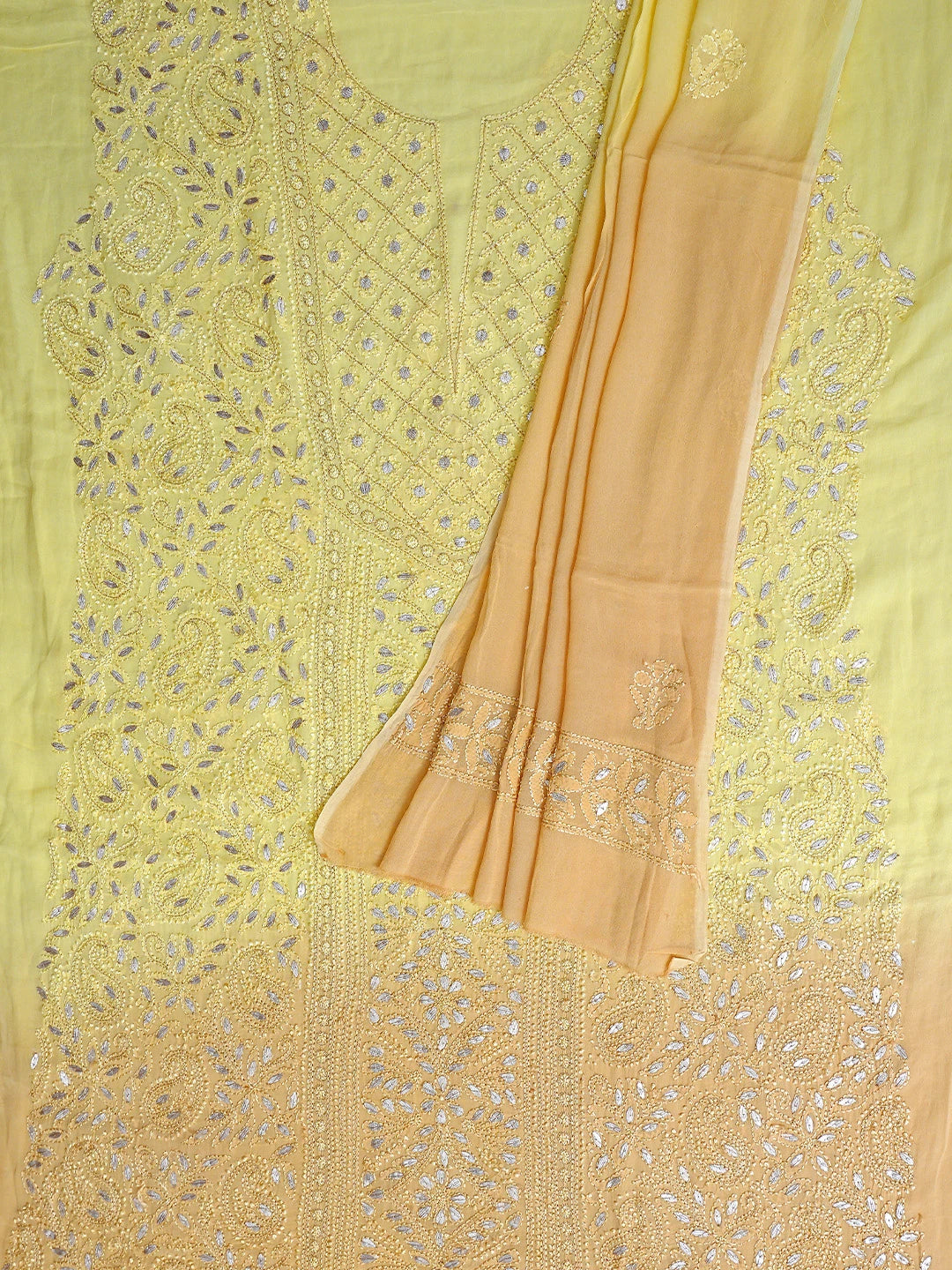 Ada Hand Embroidered Ombre Shade Of Naples Yellow &  Gold (Metallic) Viscose Georgette Lucknowi Chikankari Unstitched Kurta Dupatta Set With Gota Patti Work 01A809597
