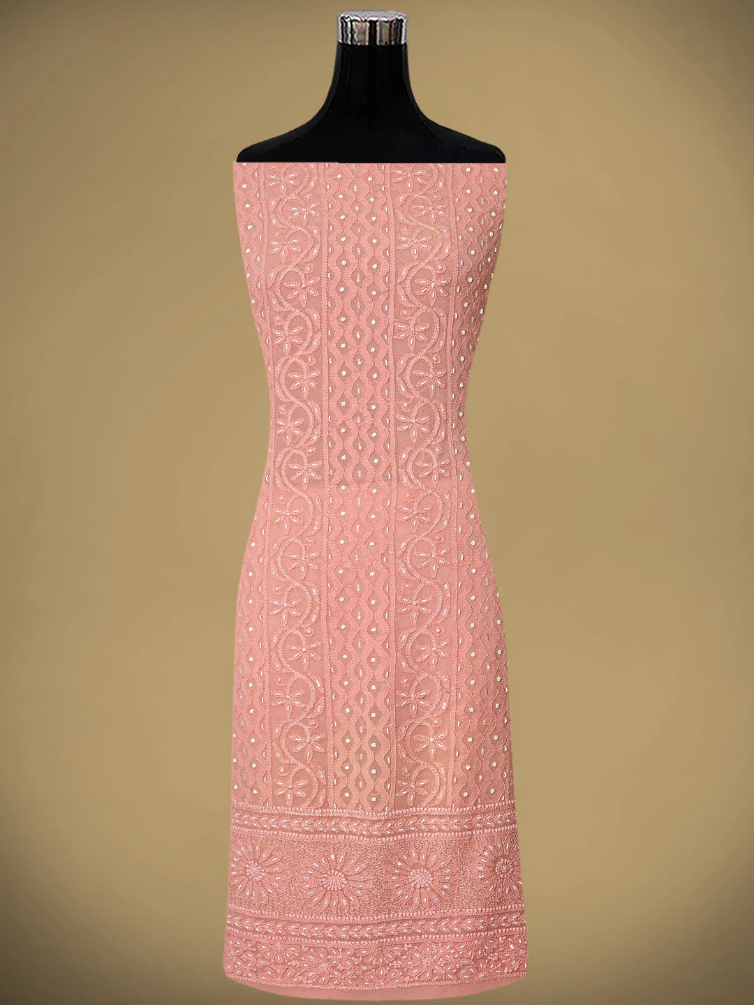 Ada Hand Embroidered Coral Pink Viscose Georgette Lucknowi Chikankari Unstitched Kurta Dupatta Set With Sequinned Work 01A806931