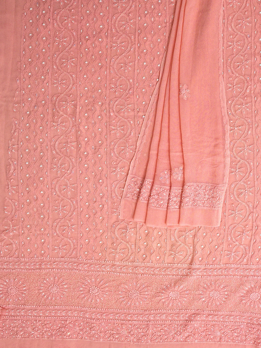 Ada Hand Embroidered Coral Pink Viscose Georgette Lucknowi Chikankari Unstitched Kurta Dupatta Set With Sequinned Work 01A806931