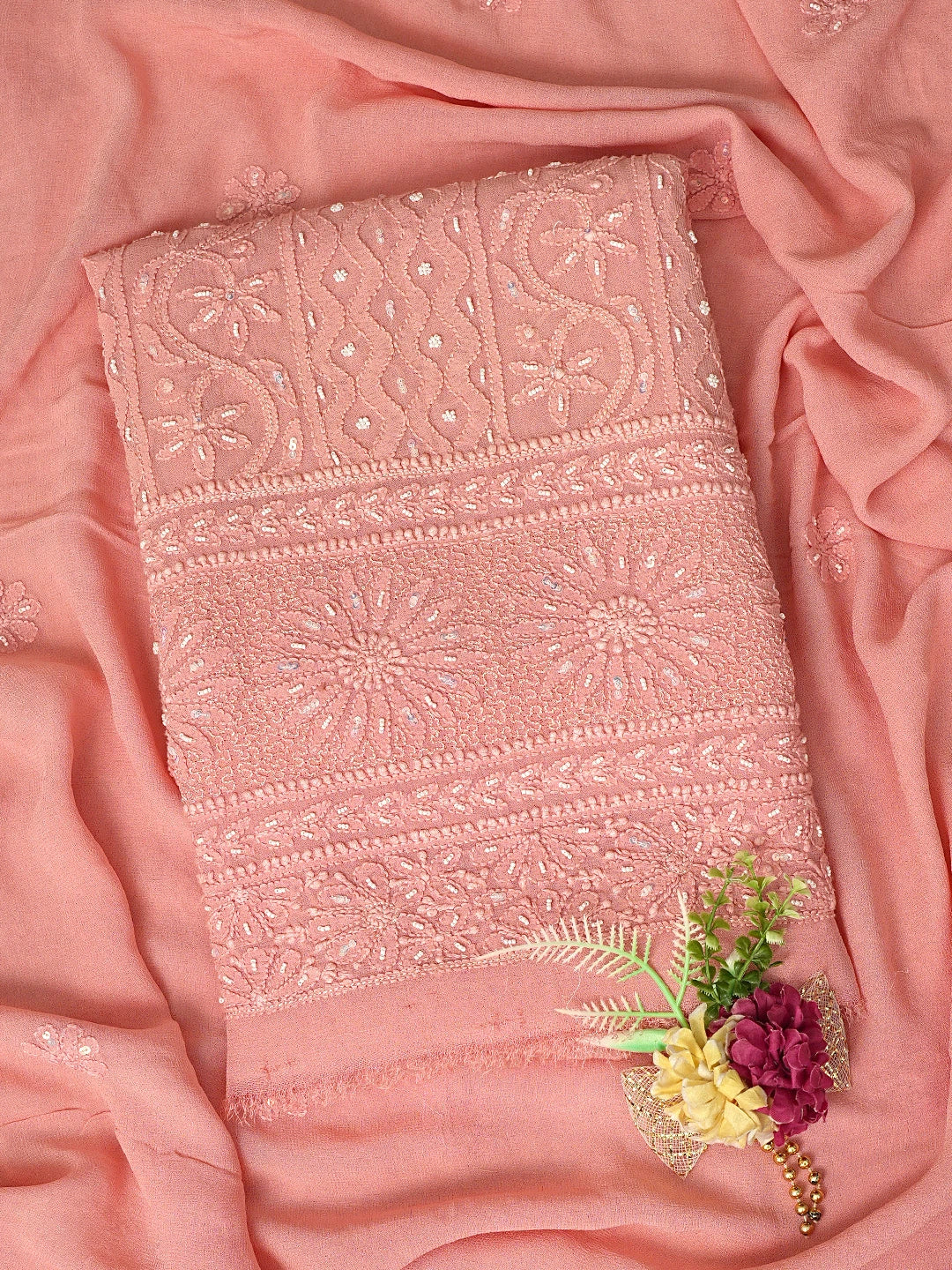 Ada Hand Embroidered Coral Pink Viscose Georgette Lucknowi Chikankari Unstitched Kurta Dupatta Set With Sequinned Work 01A806931