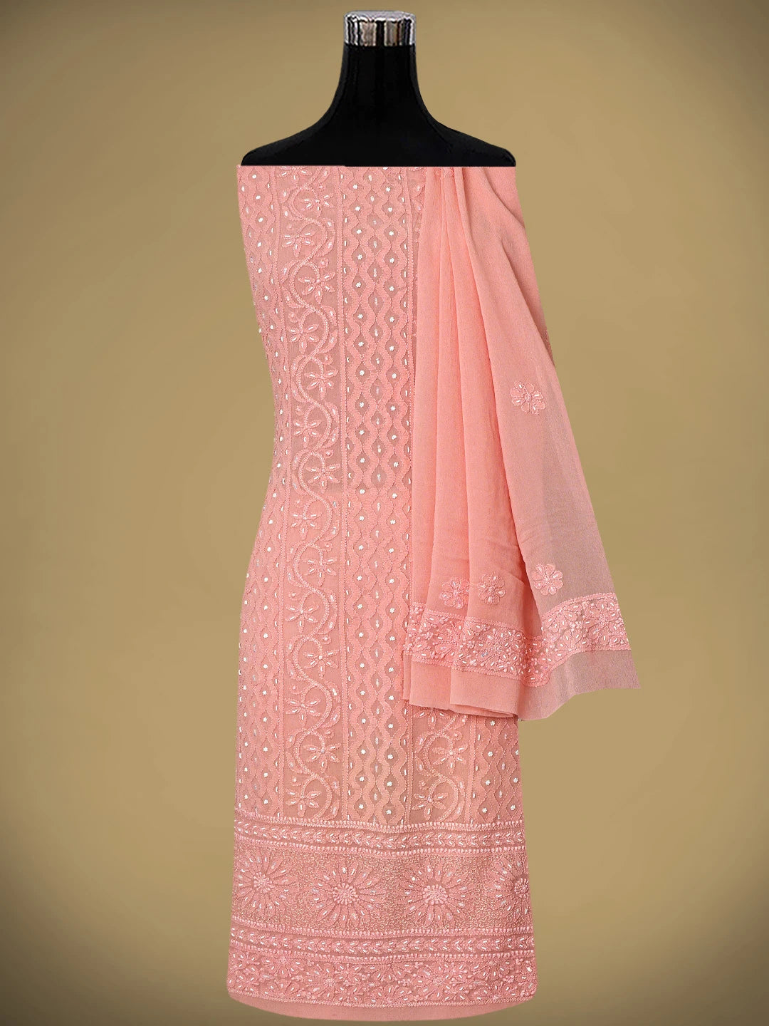 Ada Hand Embroidered Coral Pink Viscose Georgette Lucknowi Chikankari Unstitched Kurta Dupatta Set With Sequinned Work 01A806931