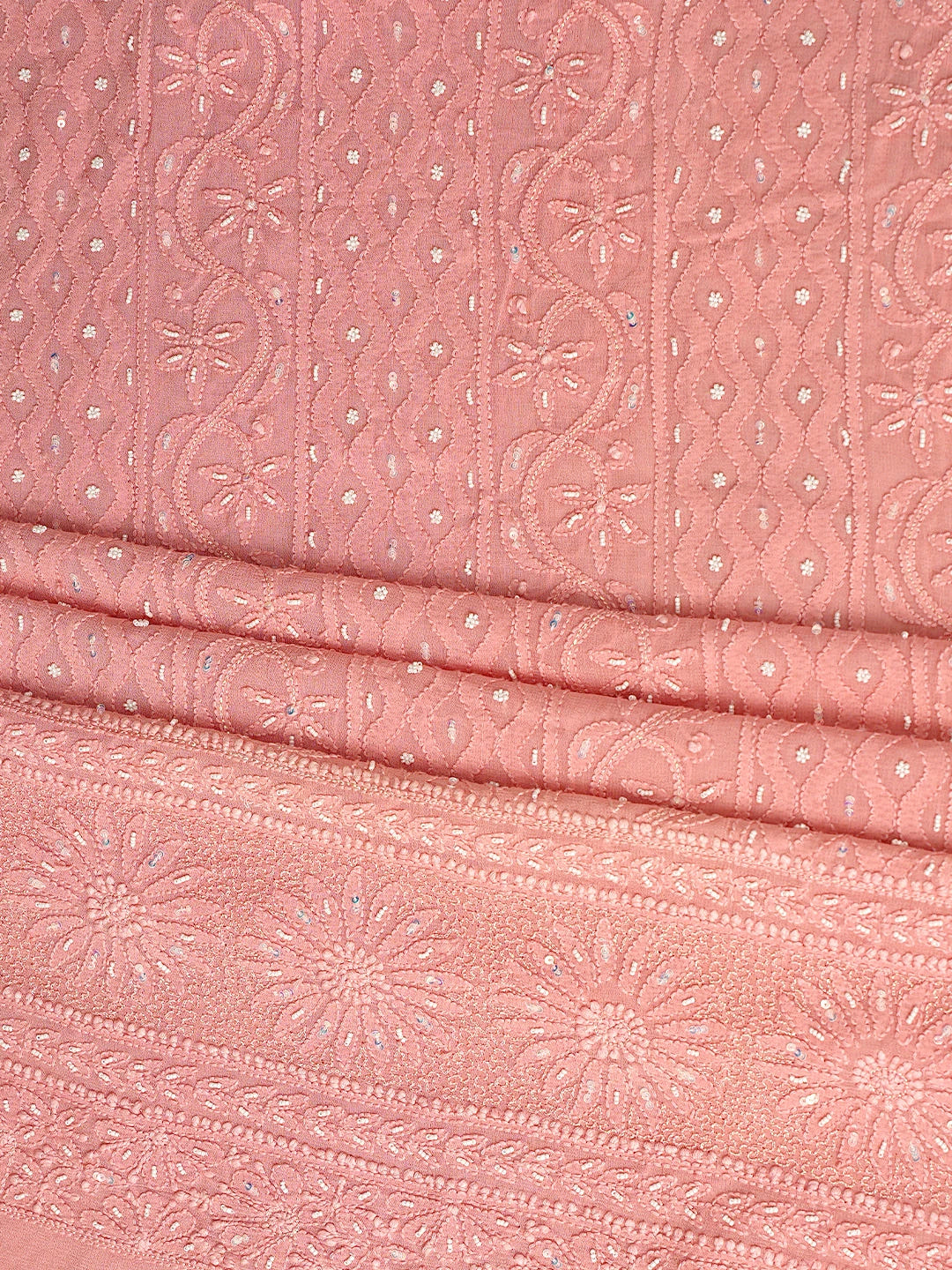 Ada Hand Embroidered Coral Pink Viscose Georgette Lucknowi Chikankari Unstitched Kurta Dupatta Set With Sequinned Work 01A806931