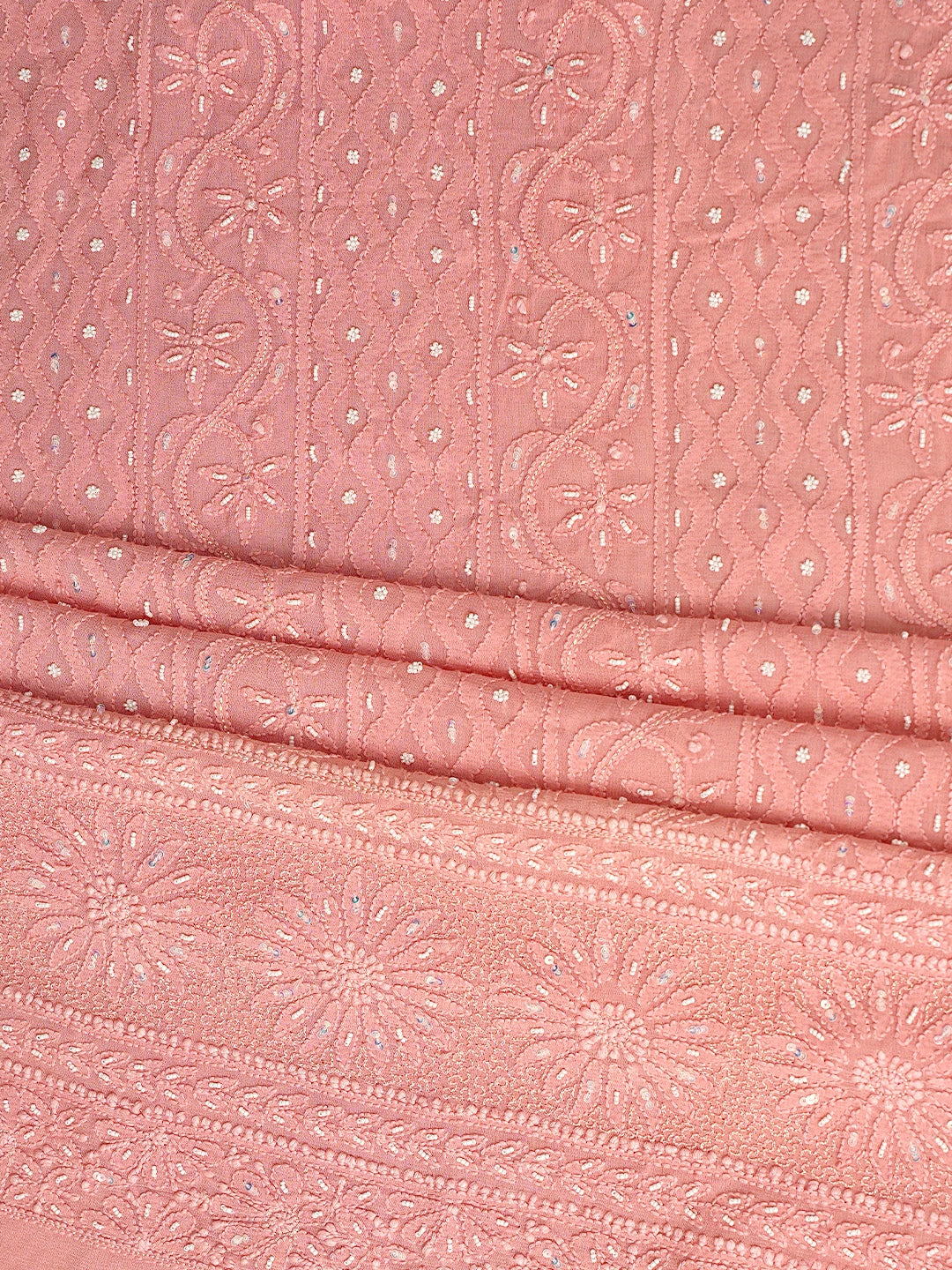 Ada Hand Embroidered Coral Pink Viscose Georgette Lucknowi Chikankari Unstitched Kurta Dupatta Set With Sequinned Work 01A806931
