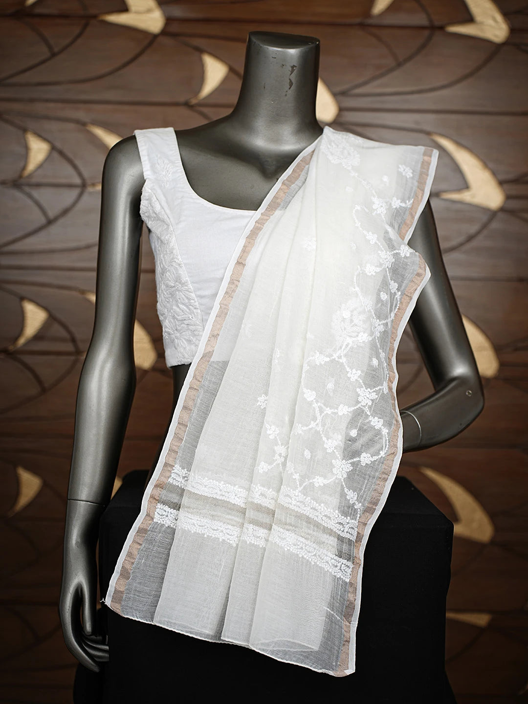 Ada Hand Embroidered White Chanderi Lucknowi Chikankari Dupatta 01A865992