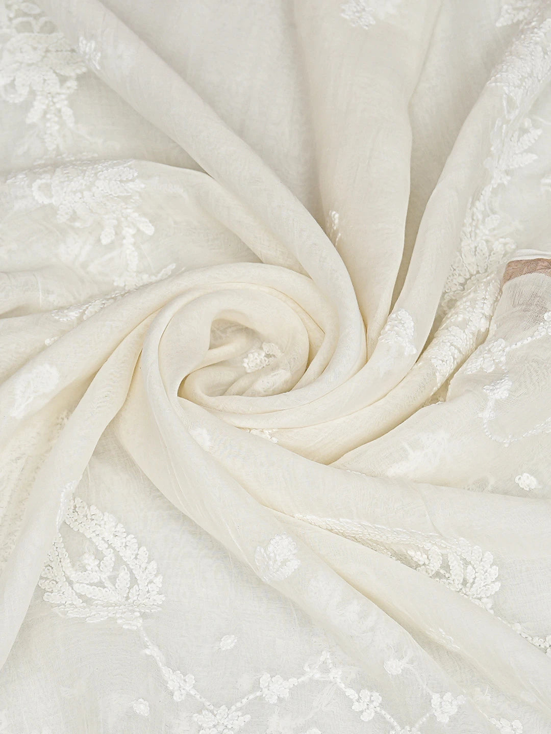Ada Hand Embroidered White Chanderi Lucknowi Chikankari Dupatta 01A865992
