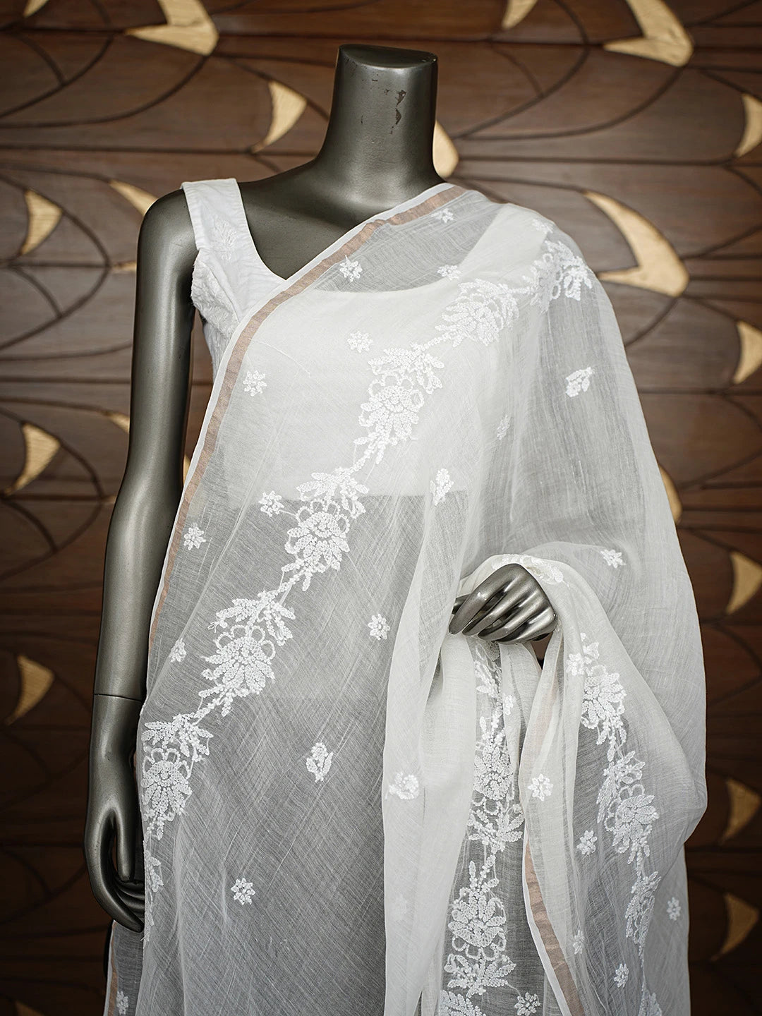 Ada Hand Embroidered White Chanderi Lucknowi Chikankari Dupatta 01A865992