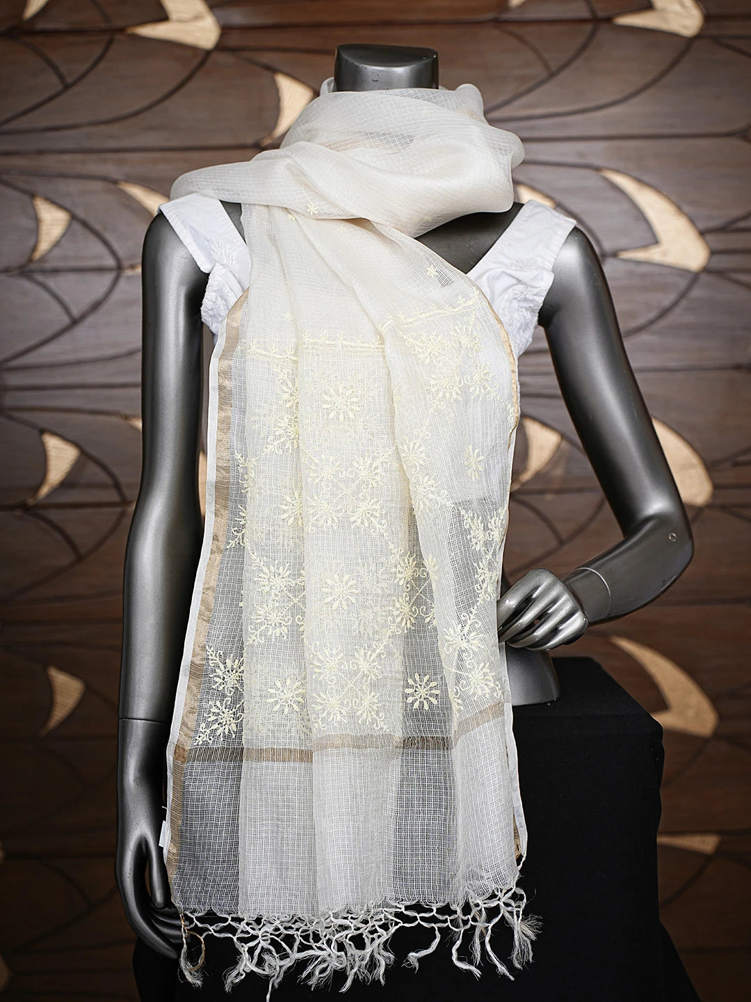 Ada Hand Embroidered White Kota Silk Lucknowi Chikankari Dupatta 01A737356