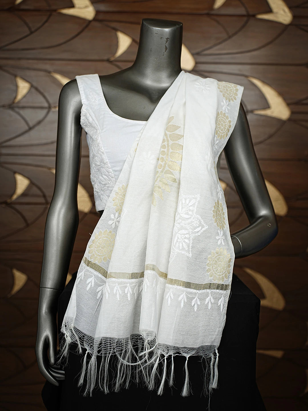 Ada Hand Embroidered White Chanderi Lucknowi Chikankari Dupatta A339231