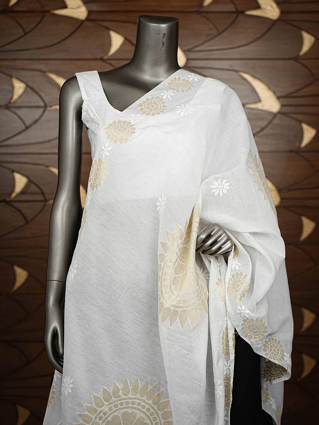 Ada Hand Embroidered White Chanderi Lucknowi Chikankari Dupatta A339231