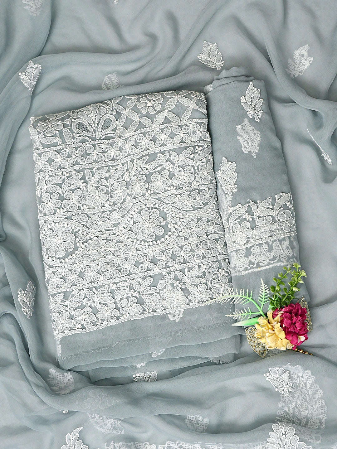 Ada Hand Embroidered Grey Georgette Lucknowi Chikankari Unstitched Suit Piece 01A544952