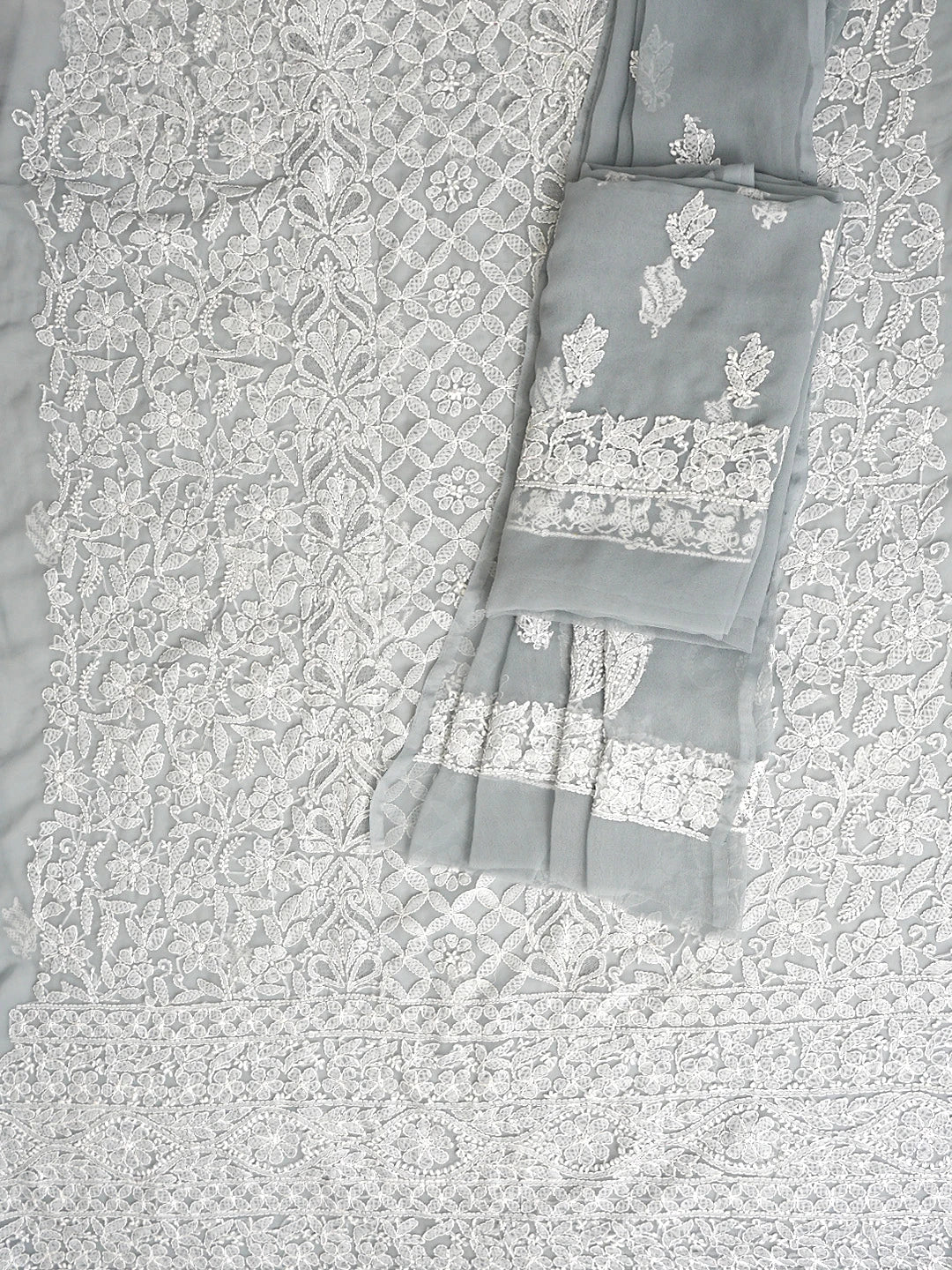 Ada Hand Embroidered Grey Georgette Lucknowi Chikankari Unstitched Suit Piece 01A544952