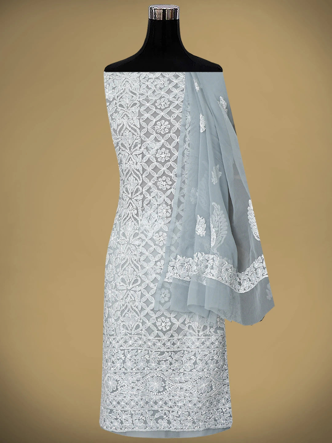 Ada Hand Embroidered Grey Georgette Lucknowi Chikankari Unstitched Suit Piece 01A544952