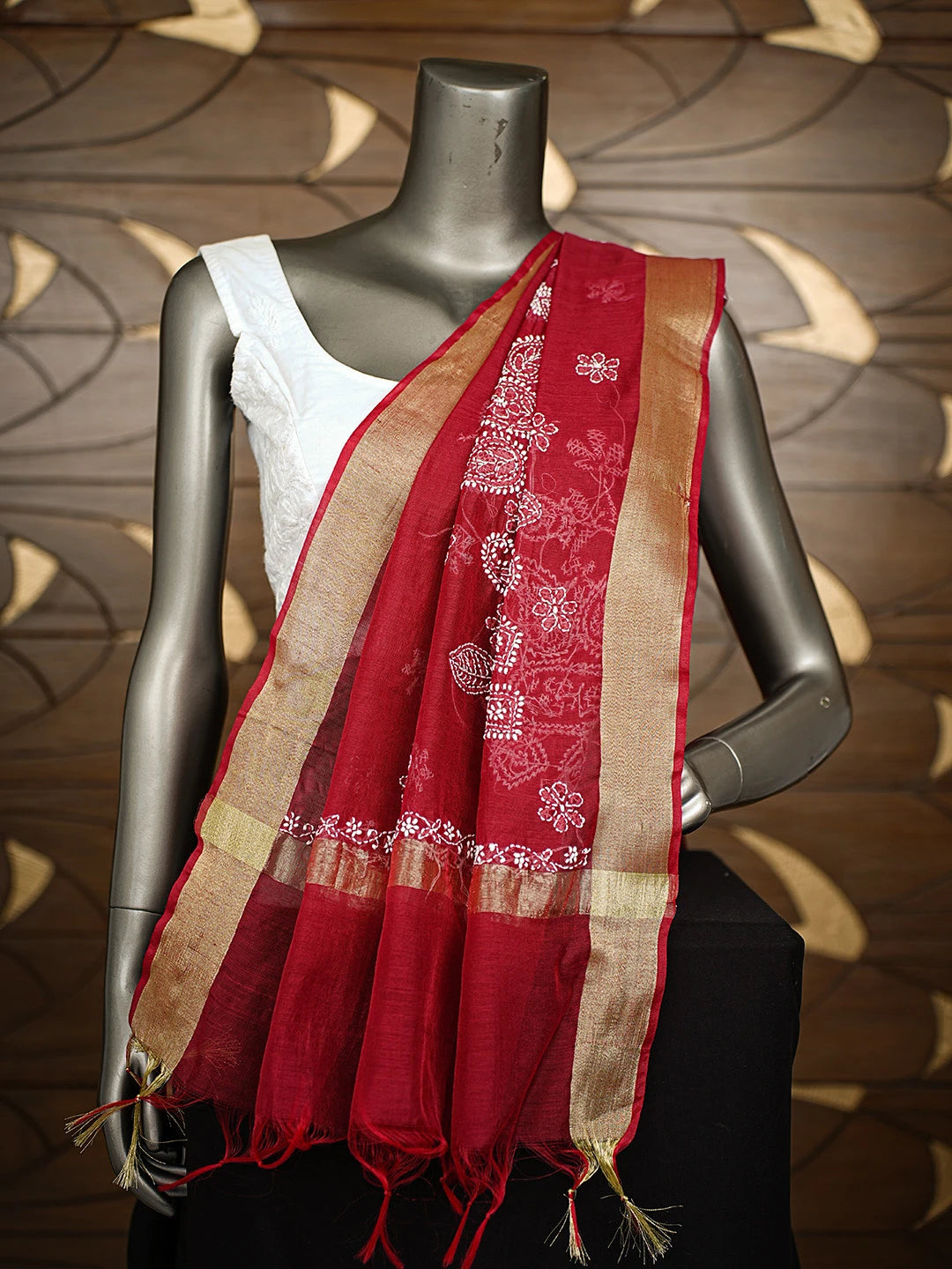 Ada Hand Embroidered Maroon Chanderi Lucknowi Chikankari Dupatta 01A837582