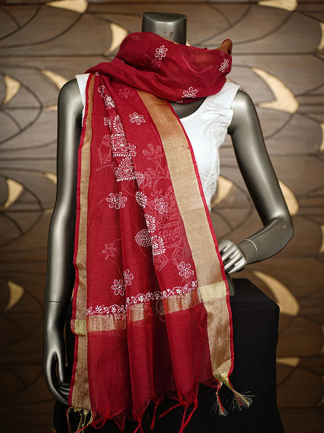 Ada Hand Embroidered Maroon Chanderi Lucknowi Chikankari Dupatta 01A837582