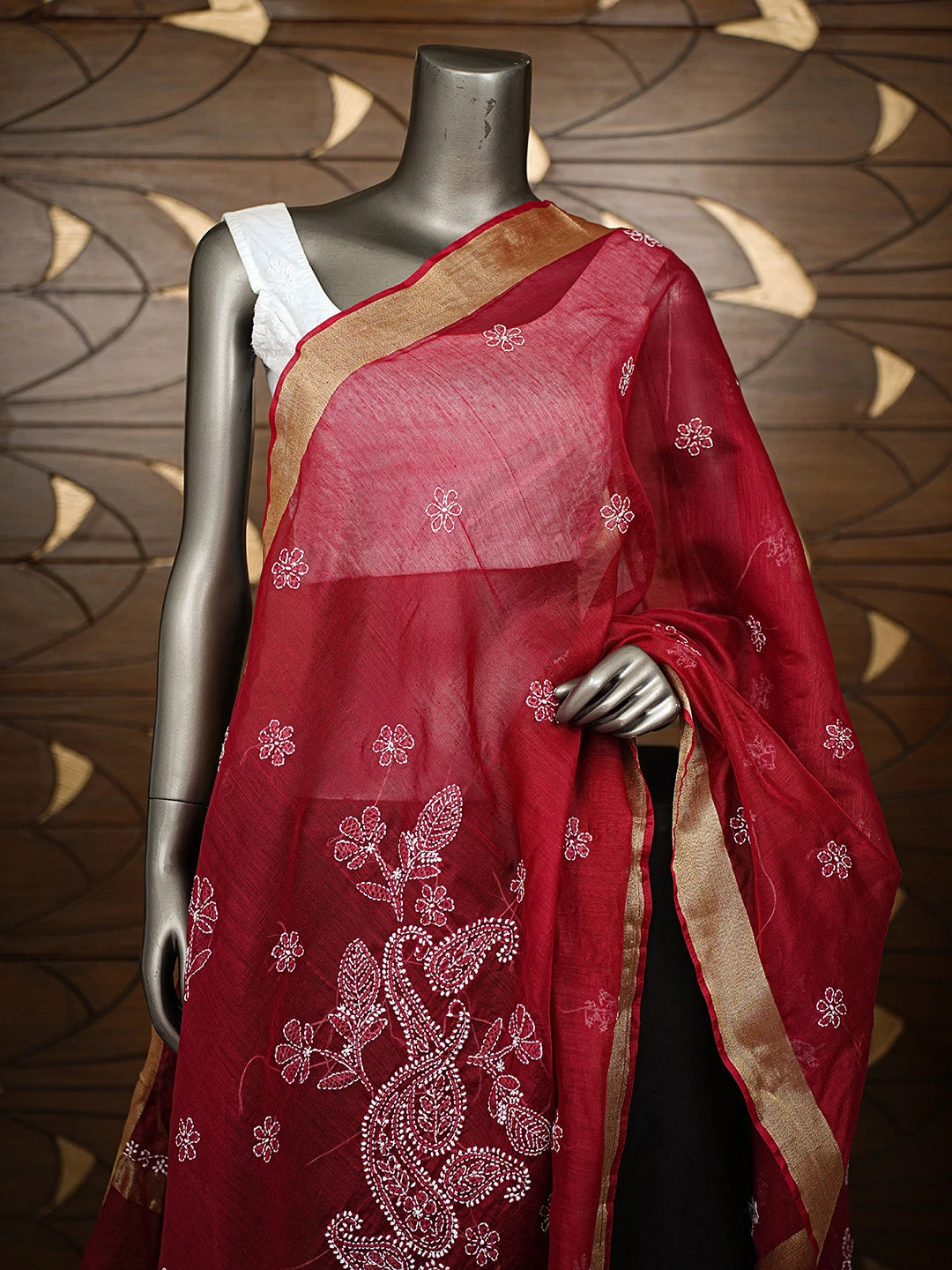 Ada Hand Embroidered Maroon Chanderi Lucknowi Chikankari Dupatta 01A837582