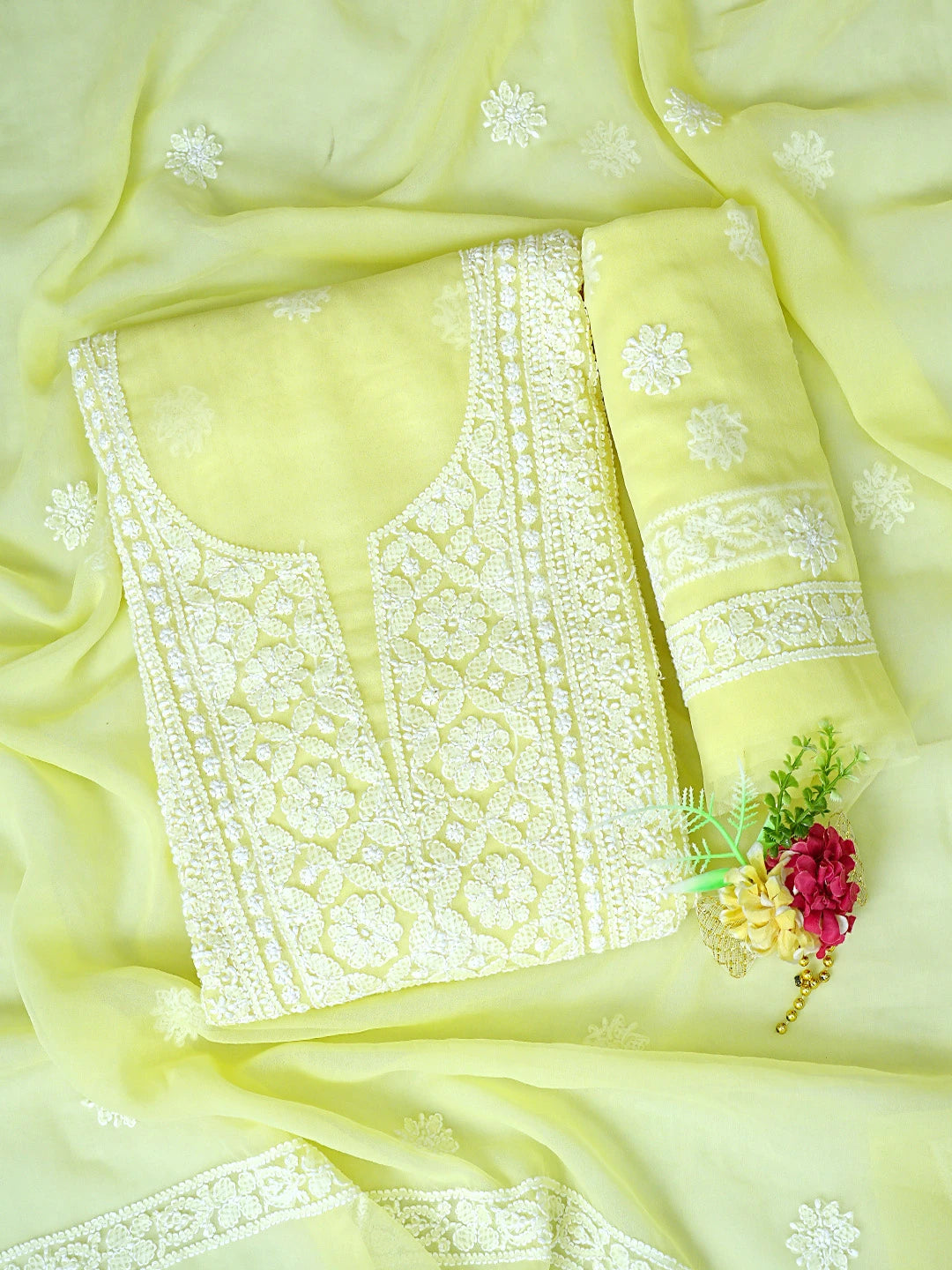 Ada Hand Embroidered Lemon Georgette Lucknowi Chikankari Unstitched Suit Piece 01A866973