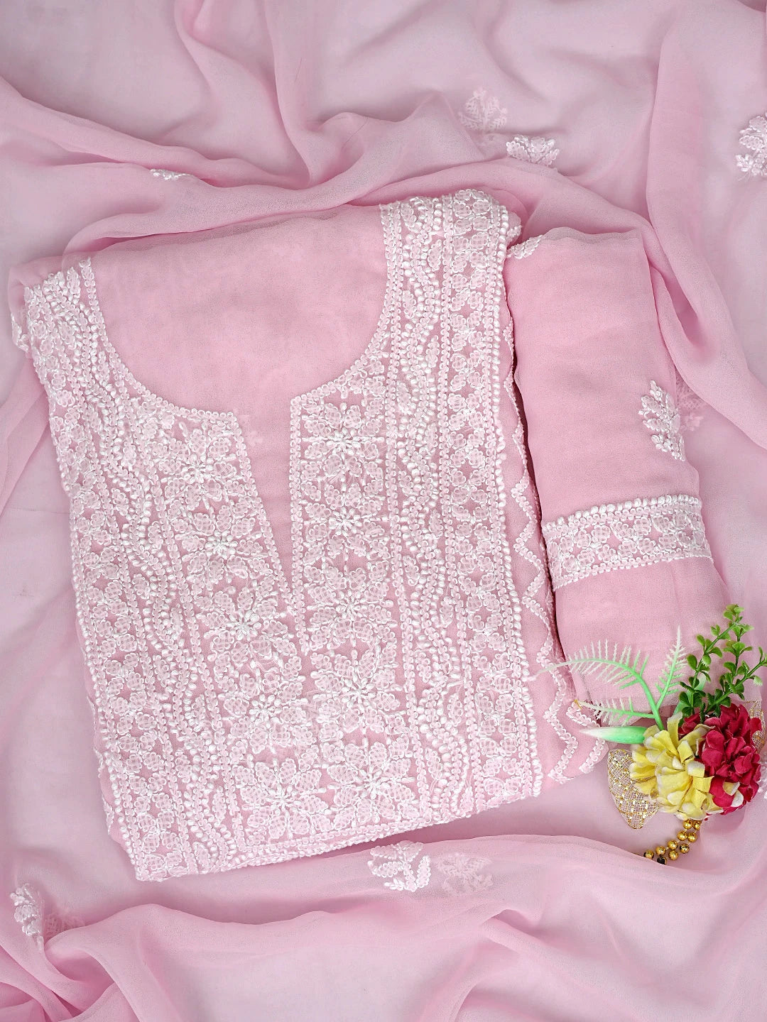 Ada Hand Embroidered Pink Georgette Lucknowi Chikankari Unstitched Suit Piece 01A866977