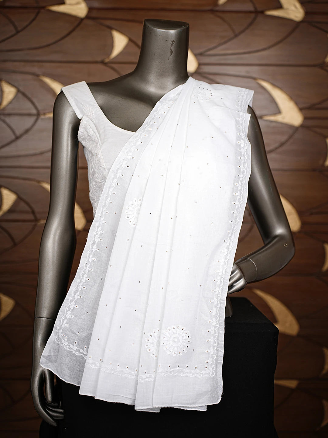 Ada Hand Embroidered White Cotton Lucknowi Chikankari Dupatta With Mukaish Work 01A833577