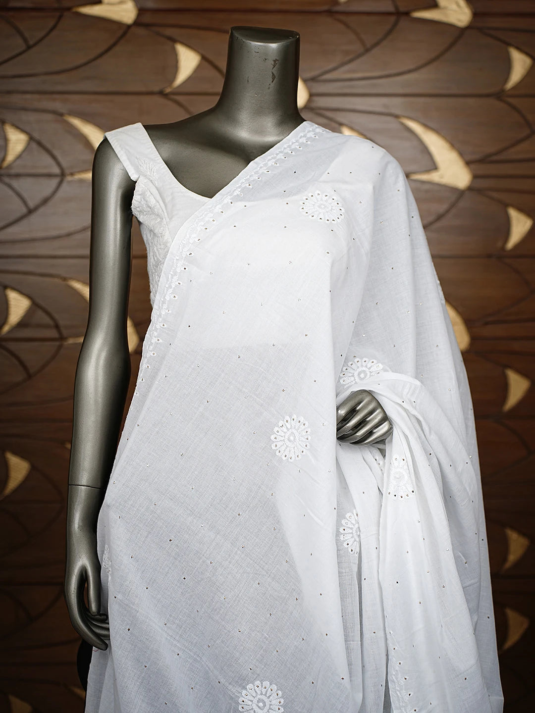Ada Hand Embroidered White Cotton Lucknowi Chikankari Dupatta With Mukaish Work 01A833577