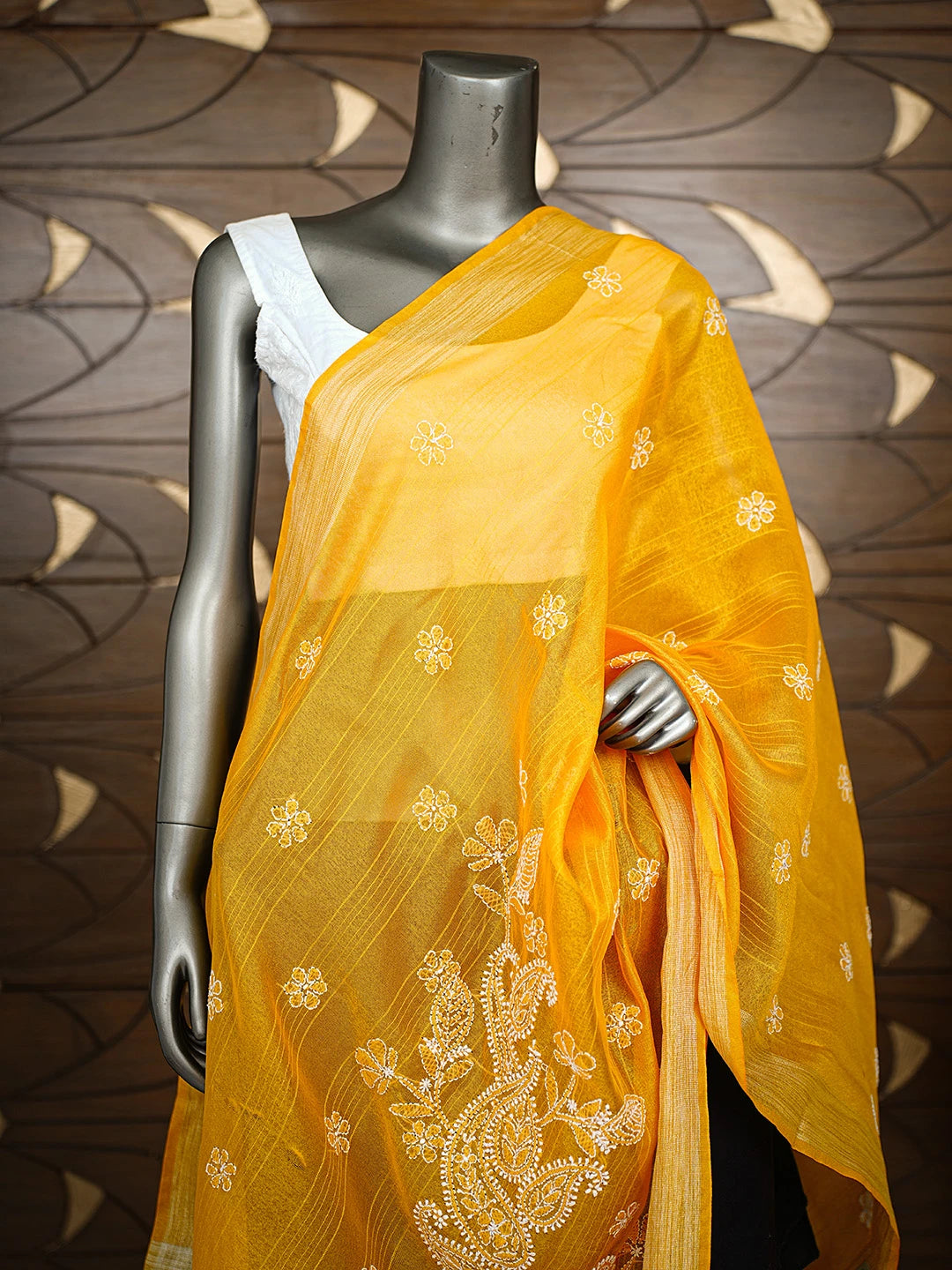 Ada Hand Embroidered Yellow Chanderi Lucknowi Chikankari Dupatta 01A752056