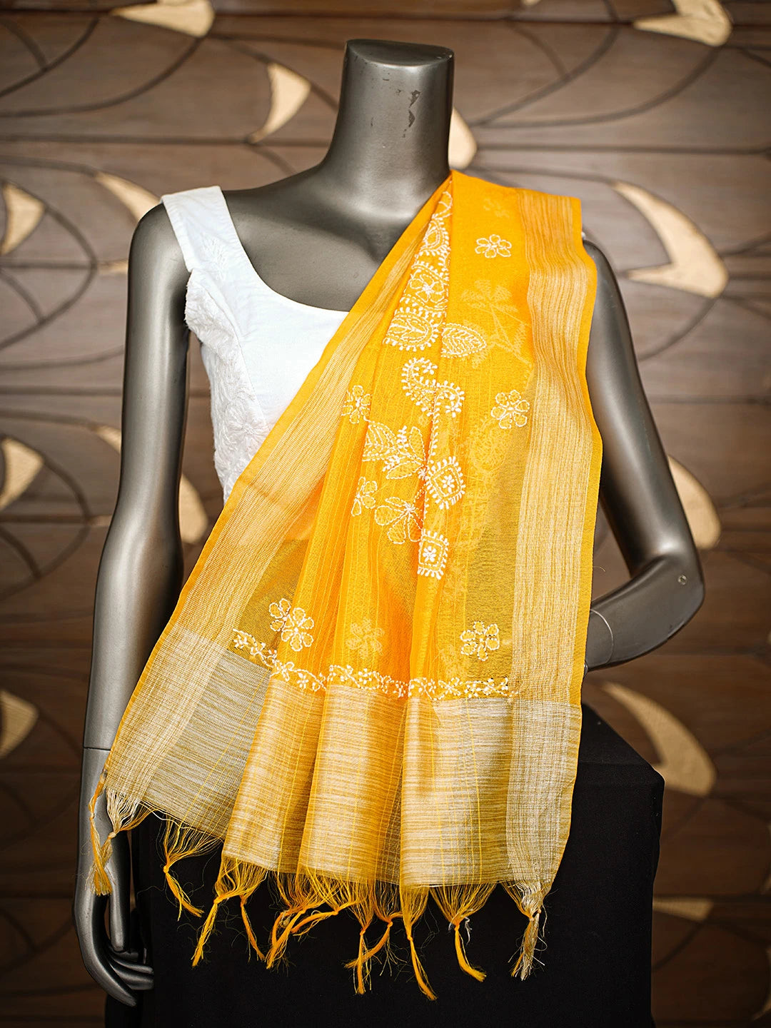 Ada Hand Embroidered Yellow Chanderi Lucknowi Chikankari Dupatta 01A752056