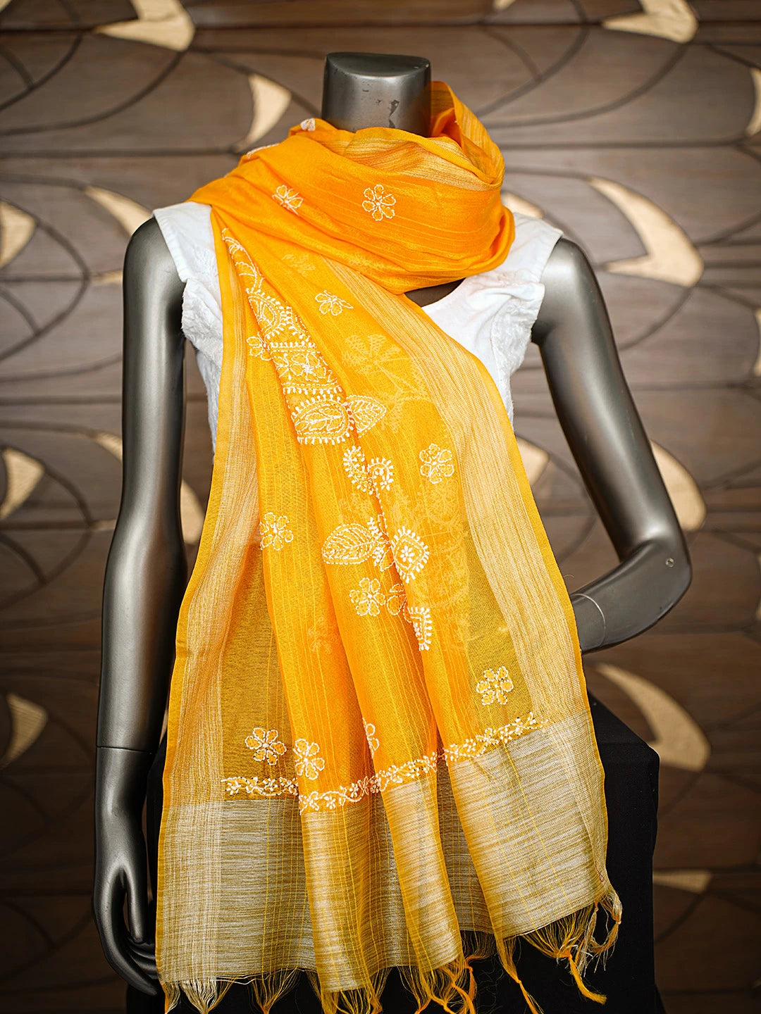 Ada Hand Embroidered Yellow Chanderi Lucknowi Chikankari Dupatta 01A752056