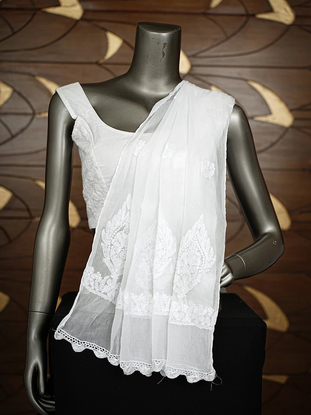 Ada Hand Embroidered White Cotton Lucknowi Chikankari Dupatta 01A863001
