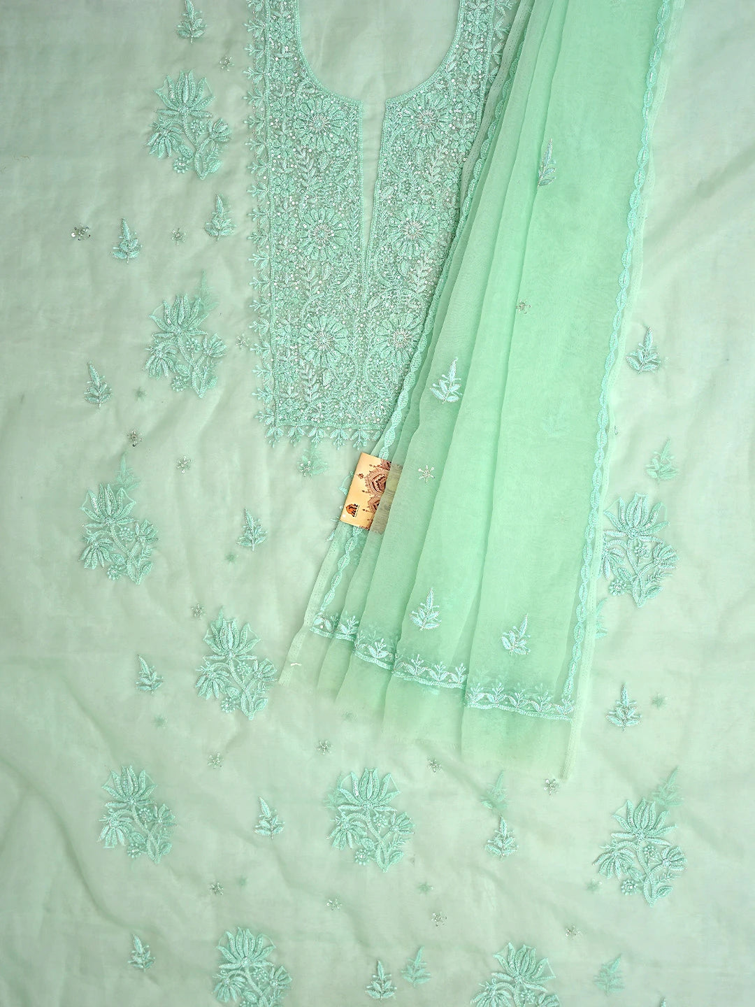 Ada Hand Embroidered Light Green Organza Lucknowi Chikankari Unstitched Kurta Dupatta Set With Cutdana Work 01A720594