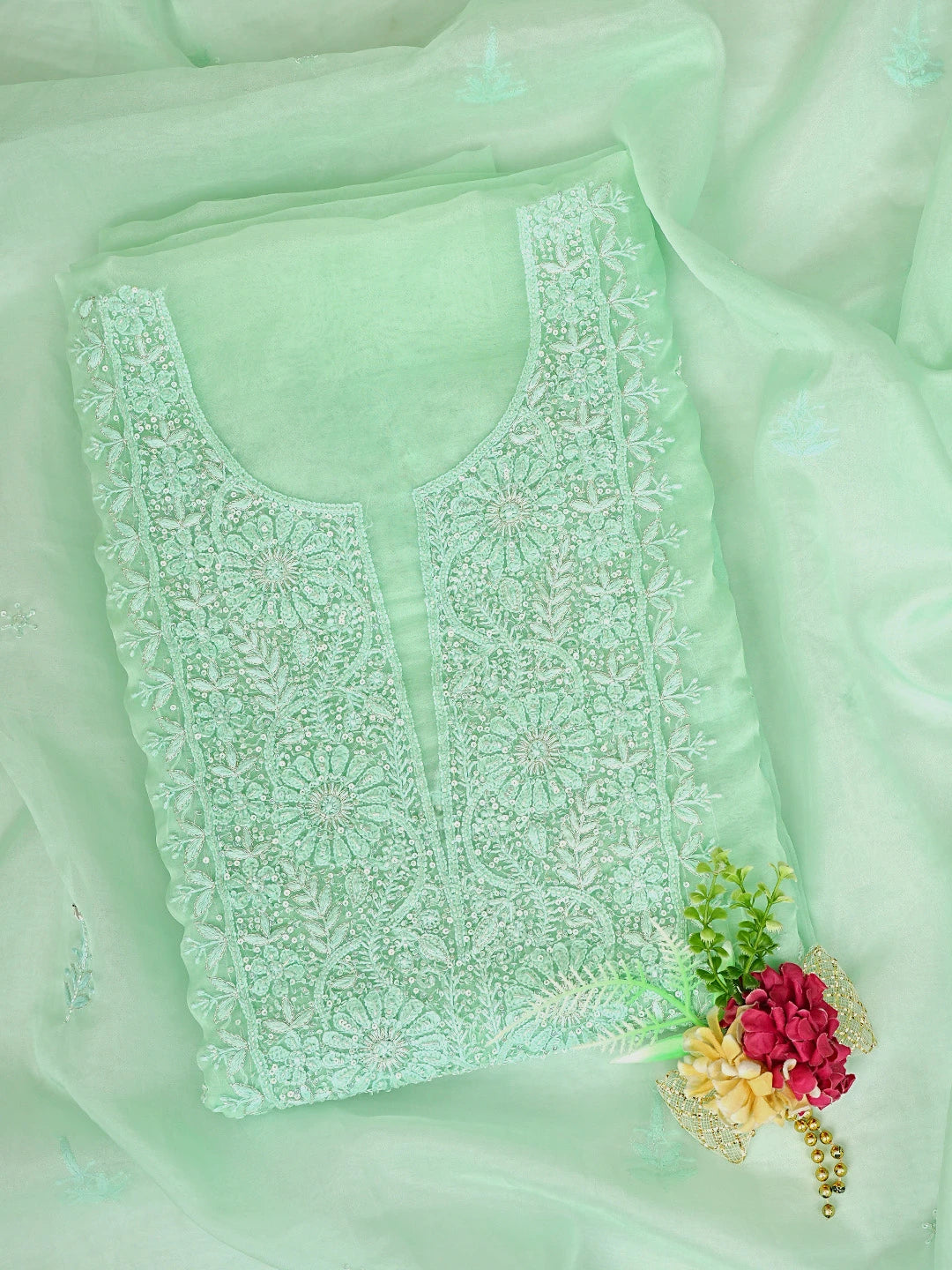 Ada Hand Embroidered Light Green Organza Lucknowi Chikankari Unstitched Kurta Dupatta Set With Cutdana Work 01A720594