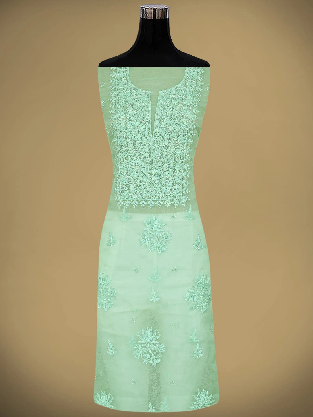 Ada Hand Embroidered Light Green Organza Lucknowi Chikankari Unstitched Kurta Dupatta Set With Cutdana Work 01A720594