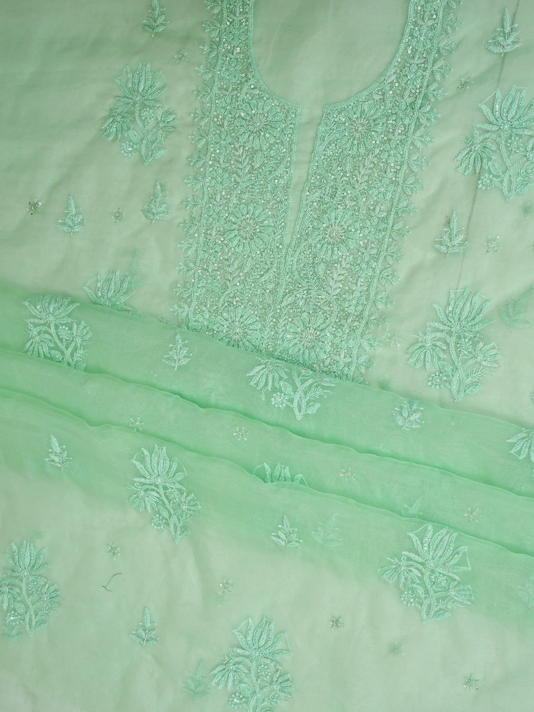 Ada Hand Embroidered Light Green Organza Lucknowi Chikankari Unstitched Kurta Dupatta Set With Cutdana Work 01A720594