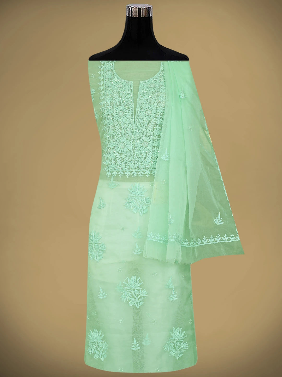 Ada Hand Embroidered Light Green Organza Lucknowi Chikankari Unstitched Kurta Dupatta Set With Cutdana Work 01A720594