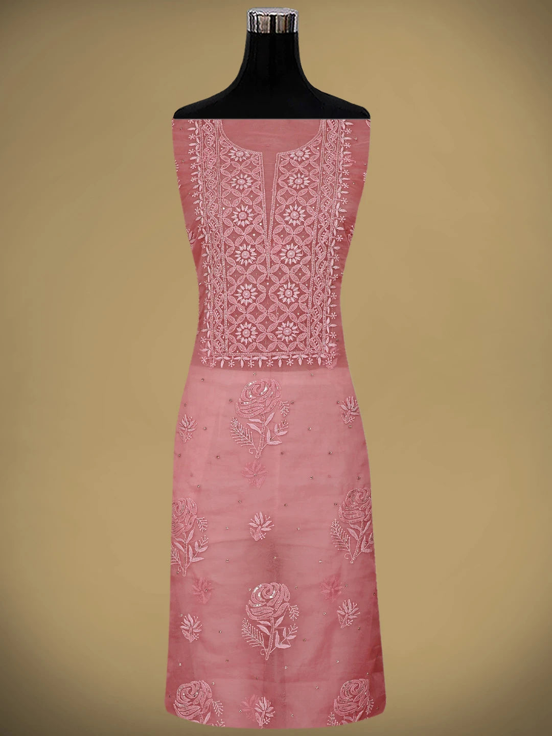 Ada Hand Embroidered Light Red Organza Lucknowi Chikankari Unstitched Kurta Dupatta Set With Cutdana Work 01A742191