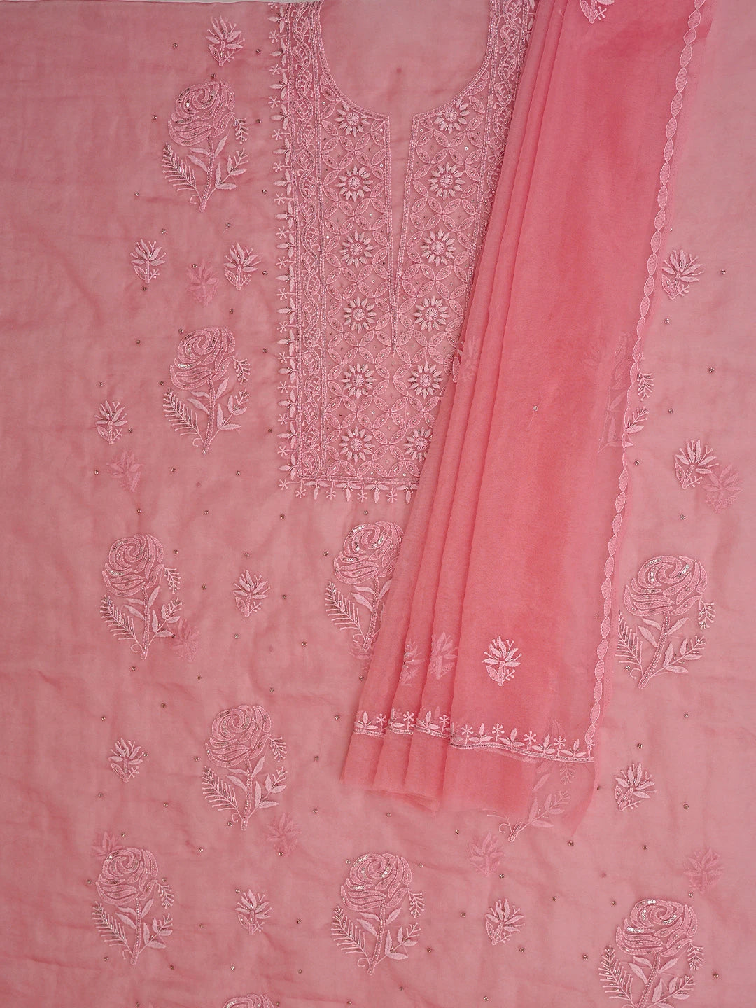 Ada Hand Embroidered Light Red Organza Lucknowi Chikankari Unstitched Kurta Dupatta Set With Cutdana Work 01A742191