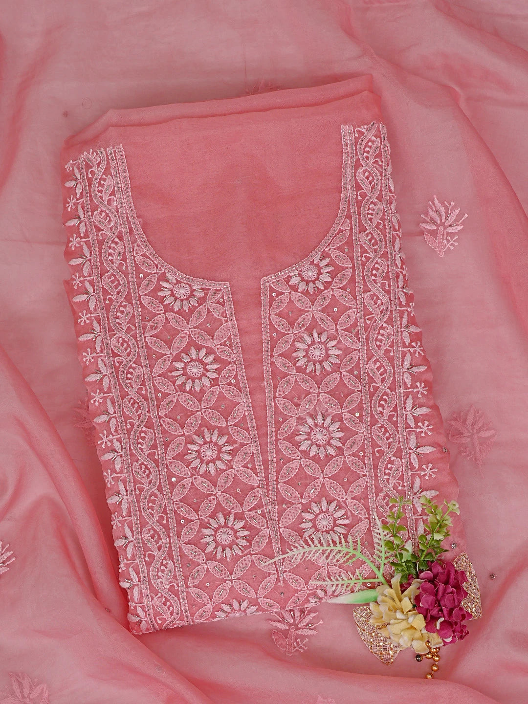 Ada Hand Embroidered Light Red Organza Lucknowi Chikankari Unstitched Kurta Dupatta Set With Cutdana Work 01A742191