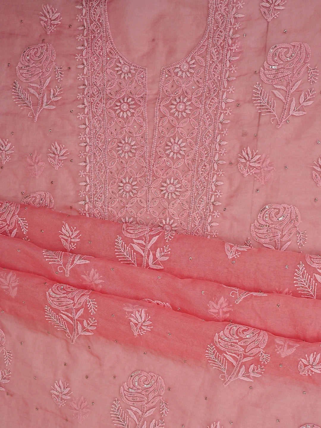 Ada Hand Embroidered Light Red Organza Lucknowi Chikankari Unstitched Kurta Dupatta Set With Cutdana Work 01A742191