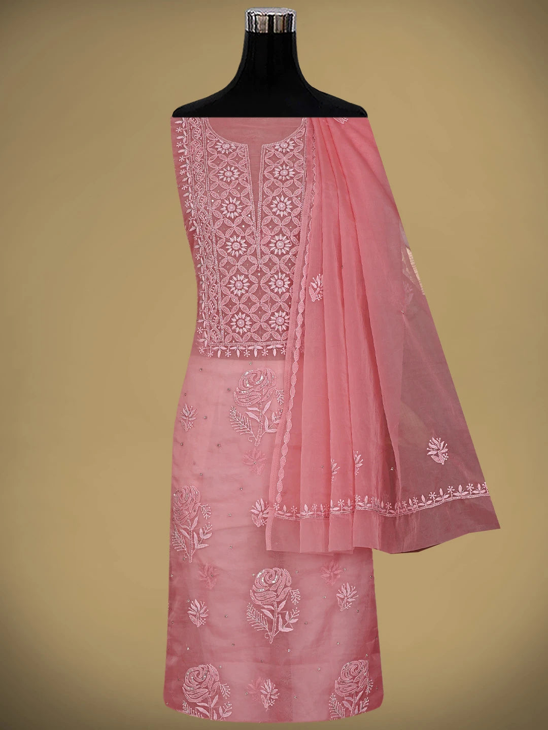 Ada Hand Embroidered Light Red Organza Lucknowi Chikankari Unstitched Kurta Dupatta Set With Cutdana Work 01A742191