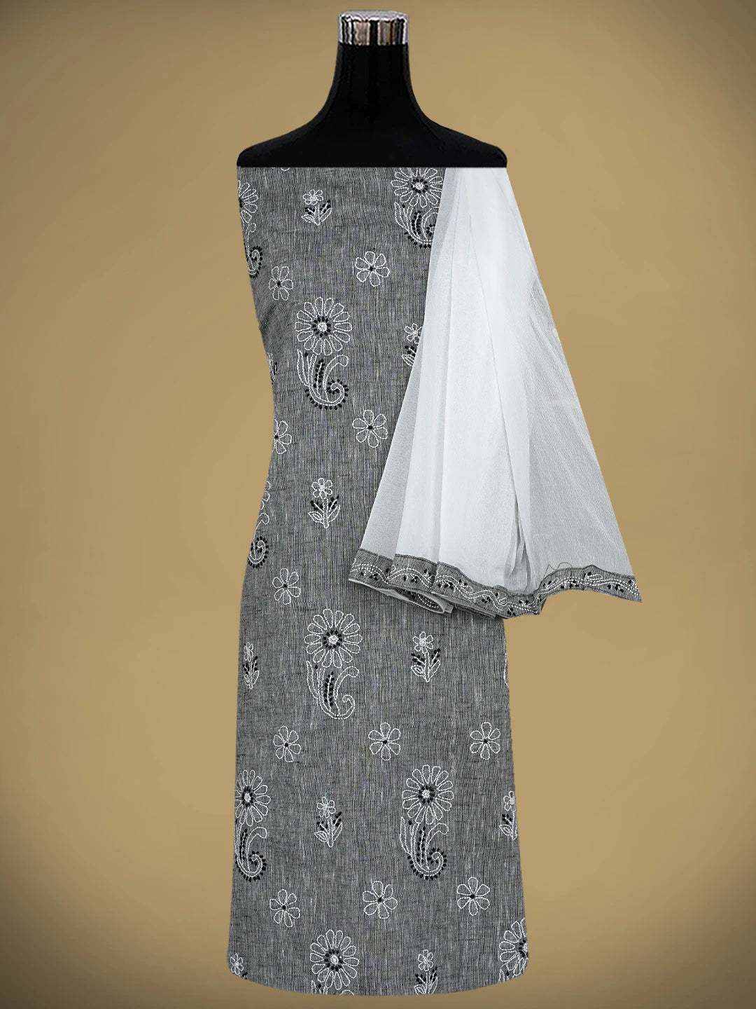 Ada Hand Embroidered Grey Cotton Lucknowi Chikankari Unstitched Suit Piece with Chiffon Dupatta 01A885362