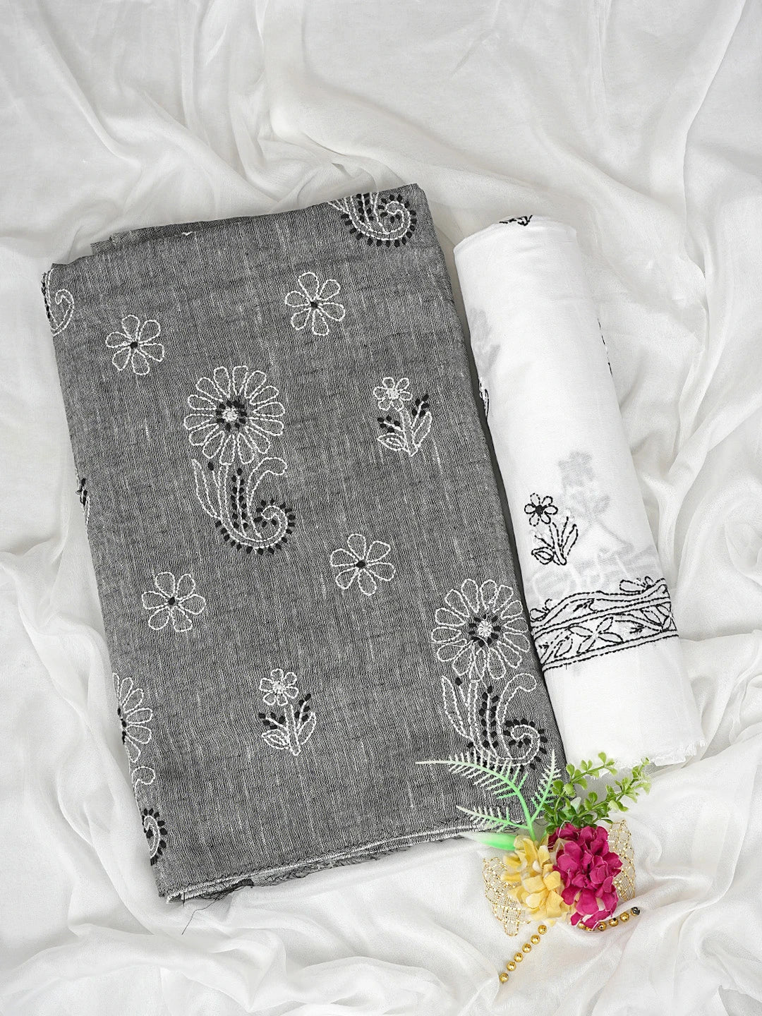 Ada Hand Embroidered Grey Cotton Lucknowi Chikankari Unstitched Suit Piece with Chiffon Dupatta 01A885362