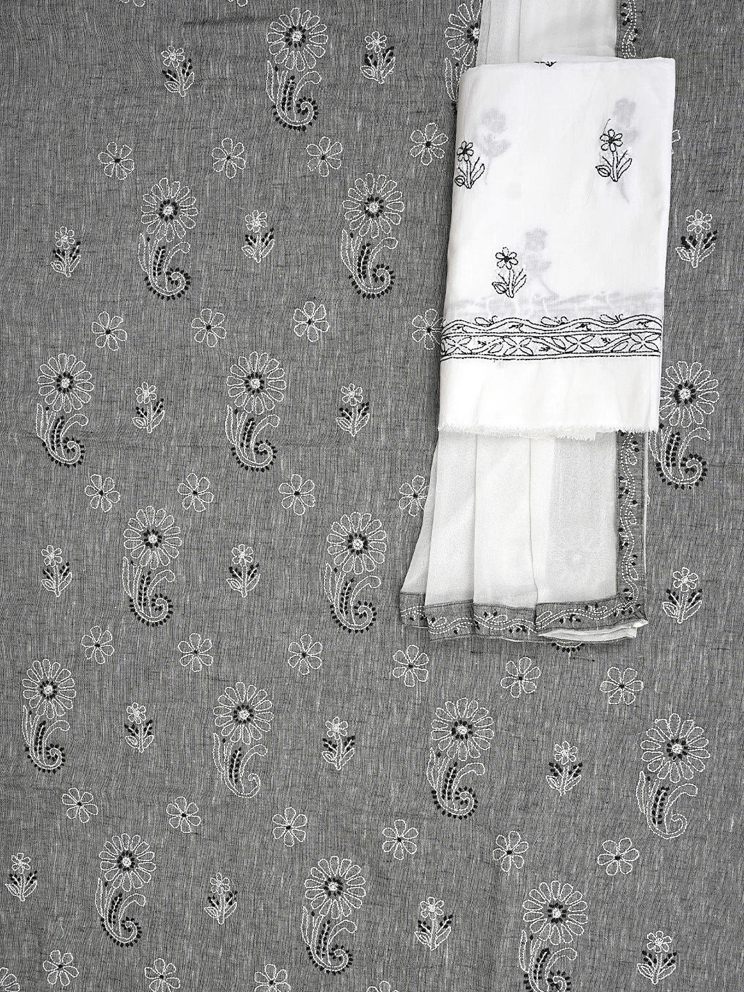 Ada Hand Embroidered Grey Cotton Lucknowi Chikankari Unstitched Suit Piece with Chiffon Dupatta 01A885362