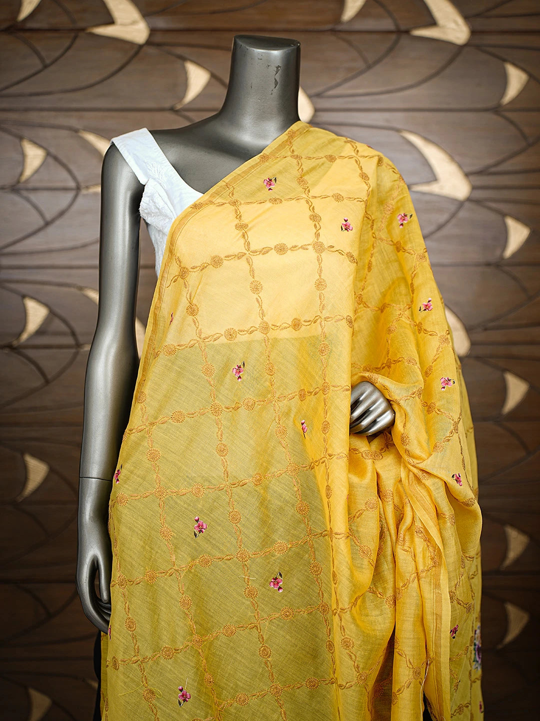Ada Hand Embroidered Floral Printed Yellow Chanderi Lucknowi Chikankari Dupatta 01A836057