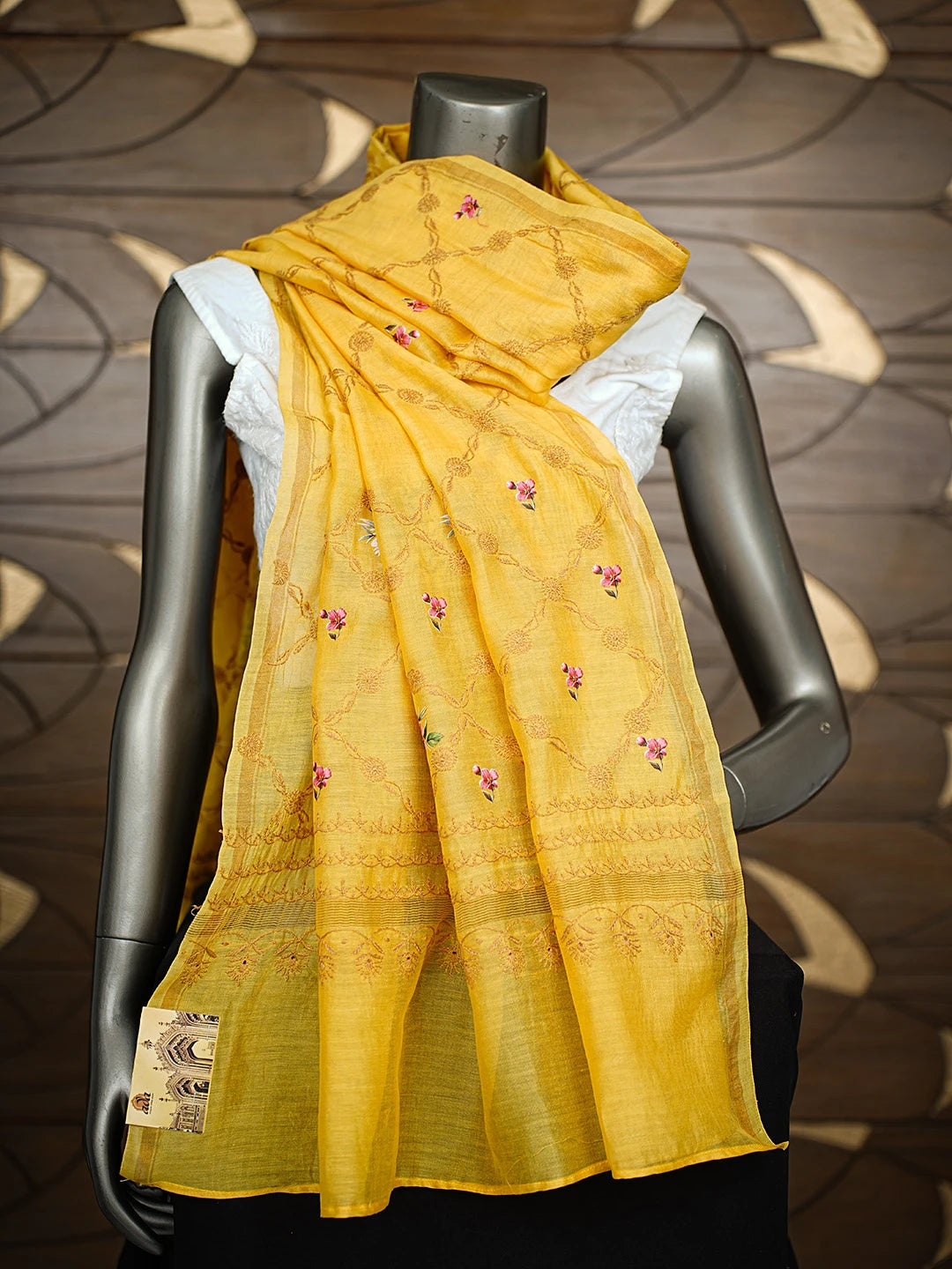Ada Hand Embroidered Floral Printed Yellow Chanderi Lucknowi Chikankari Dupatta 01A836057